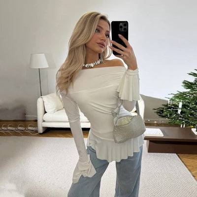 Women’s Off-Shoulder Top – Slim Fit – Ruffle Sleeve – Pleated Hem – Stretch Fabric