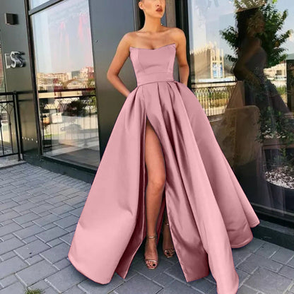 Women’s Evening Gown – Strapless Luxury Fabric – Fitted Bodice – Full Skirt with Slit