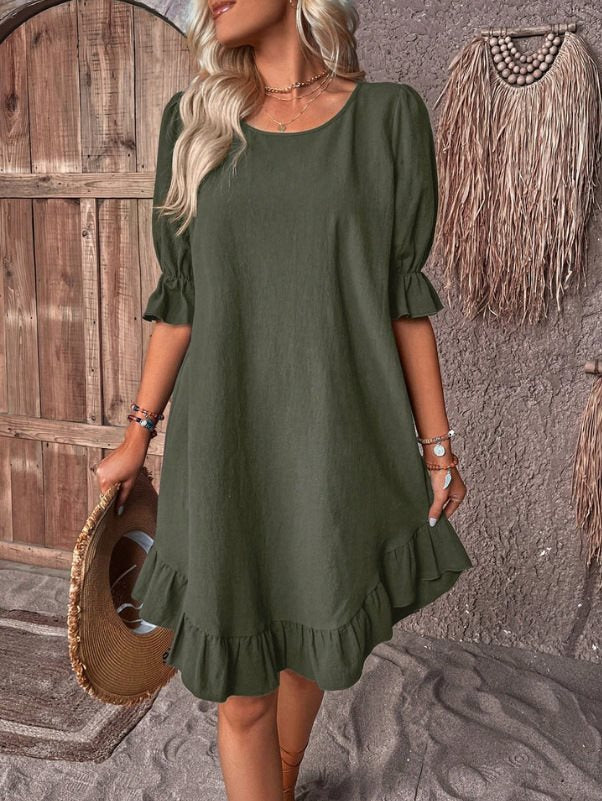 Women’s Midi Dress – Relaxed Fit – Ruffle Sleeves – Flowy Hem – Breathable Fabric