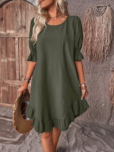 Women’s Midi Dress – Relaxed Fit – Ruffle Sleeves – Flowy Hem – Breathable Fabric
