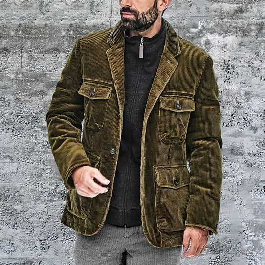 Men’s Corduroy Jacket – Tailored Fit – Notched Lapel – Button Front – Utility Pockets