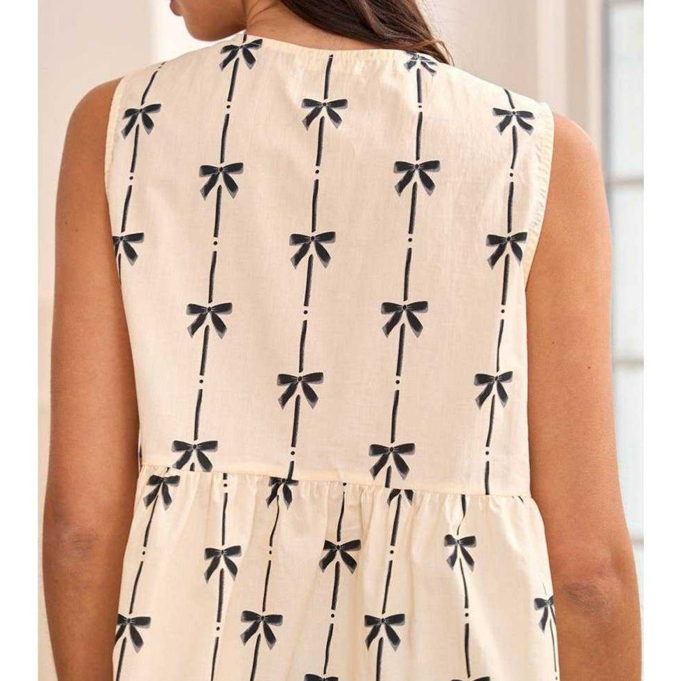 Women’s Sleeveless Blouse – Relaxed Fit – V-Neck – Bow Tie Front – Printed Design