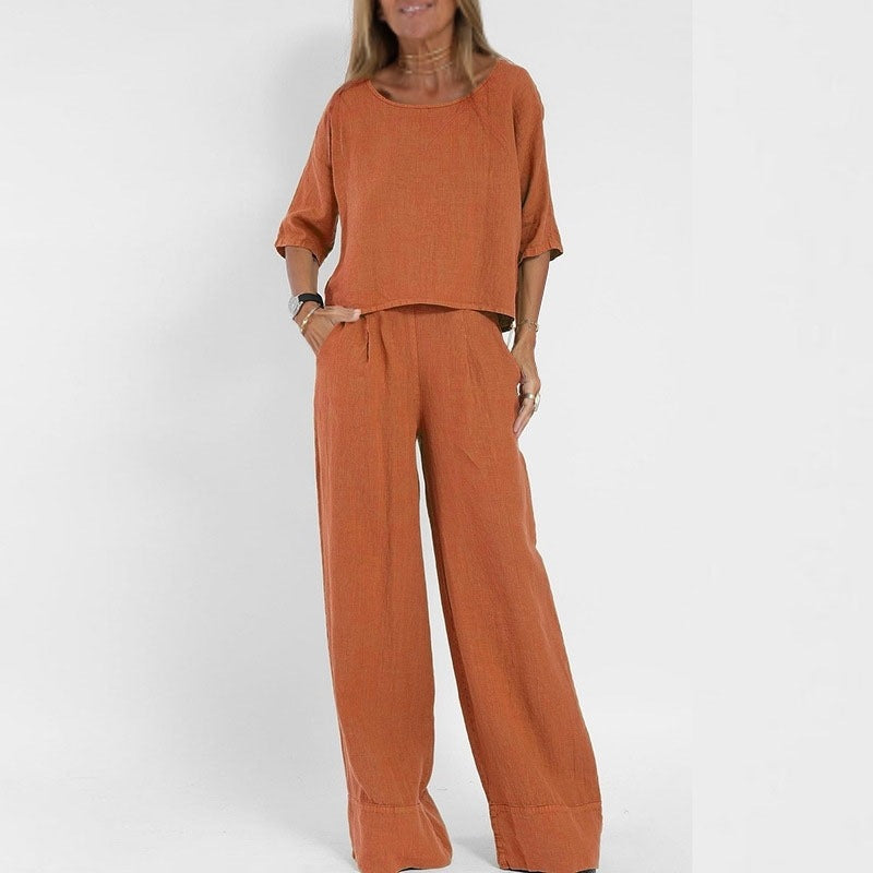 Women’s Two-Piece Set – Linen Blend – Relaxed Fit – Short Sleeve Top & Wide-Leg Trousers