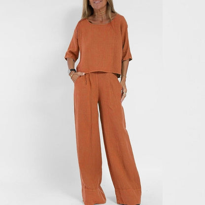 Women’s Two-Piece Set – Linen Blend – Relaxed Fit – Short Sleeve Top & Wide-Leg Trousers