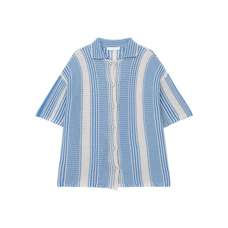 Men’s Knit Shirt – Relaxed Fit – Open Knit – Short Sleeve – Button-Down Striped Casual
