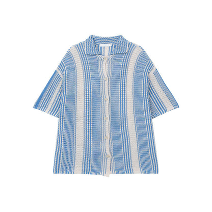 Men’s Knit Shirt – Relaxed Fit – Open Knit – Short Sleeve – Button-Down Striped Casual