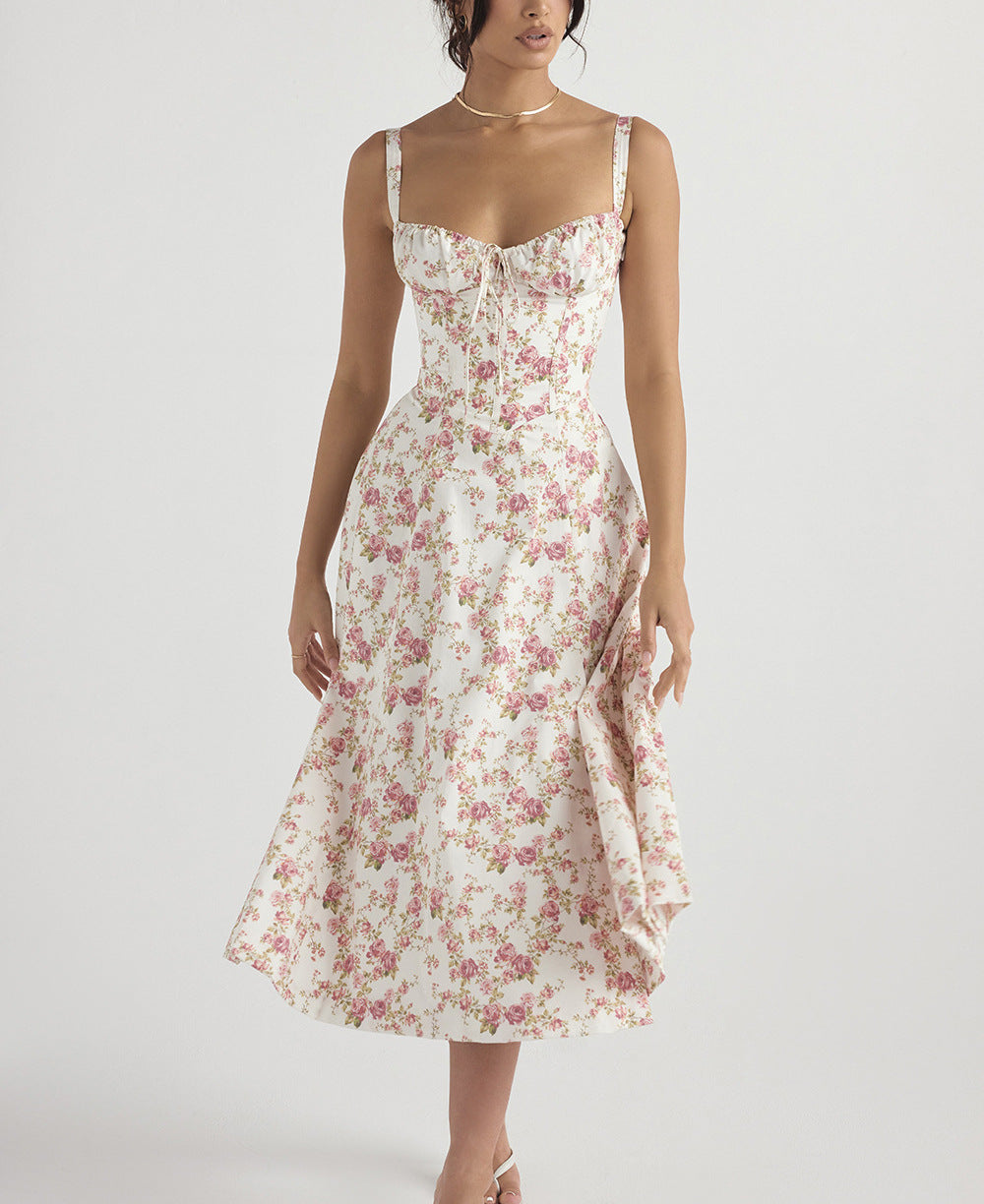 Women’s Midi Dress – Sleeveless – Tie Front – Floral Print – Lightweight Flared Fit