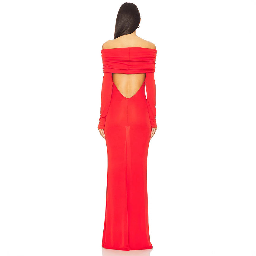 Women’s Evening Dress – Slim Fit – Off-Shoulder – Draped Neckline – Long Sleeve – Full Length