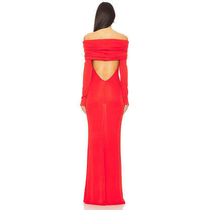 Women’s Evening Dress – Slim Fit – Off-Shoulder – Draped Neckline – Long Sleeve – Full Length
