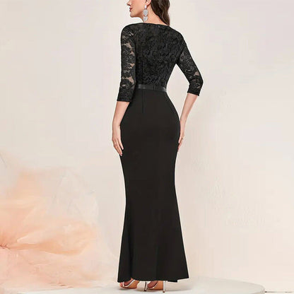 Women’s Evening Dress – Fitted Silhouette – Lace Bodice – High Slit – Ruffle Detail