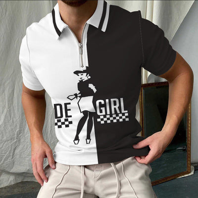 Men’s Polo Shirt – Slim Fit – Cotton – Checkered – Short Sleeve Zip Collar