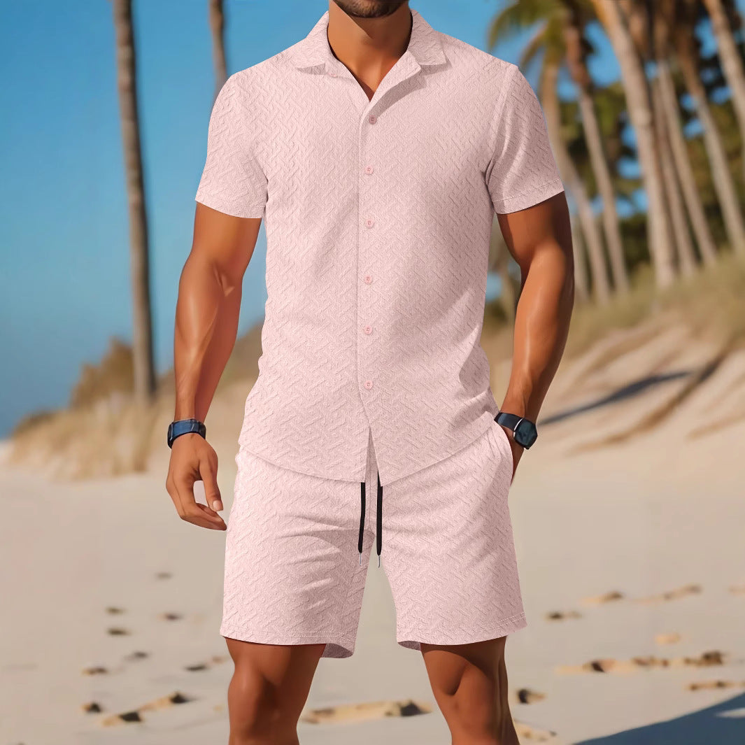 Men’s Shirt and Shorts Set – Slim Fit – Embossed Pattern – Breathable Casual Wear