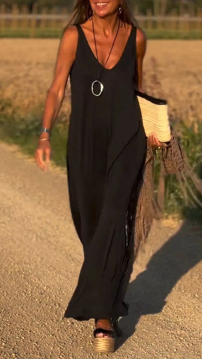 Women’s Maxi Dress – V-Neck – Relaxed Fit – Cotton Blend – Strappy Sleeveless Design
