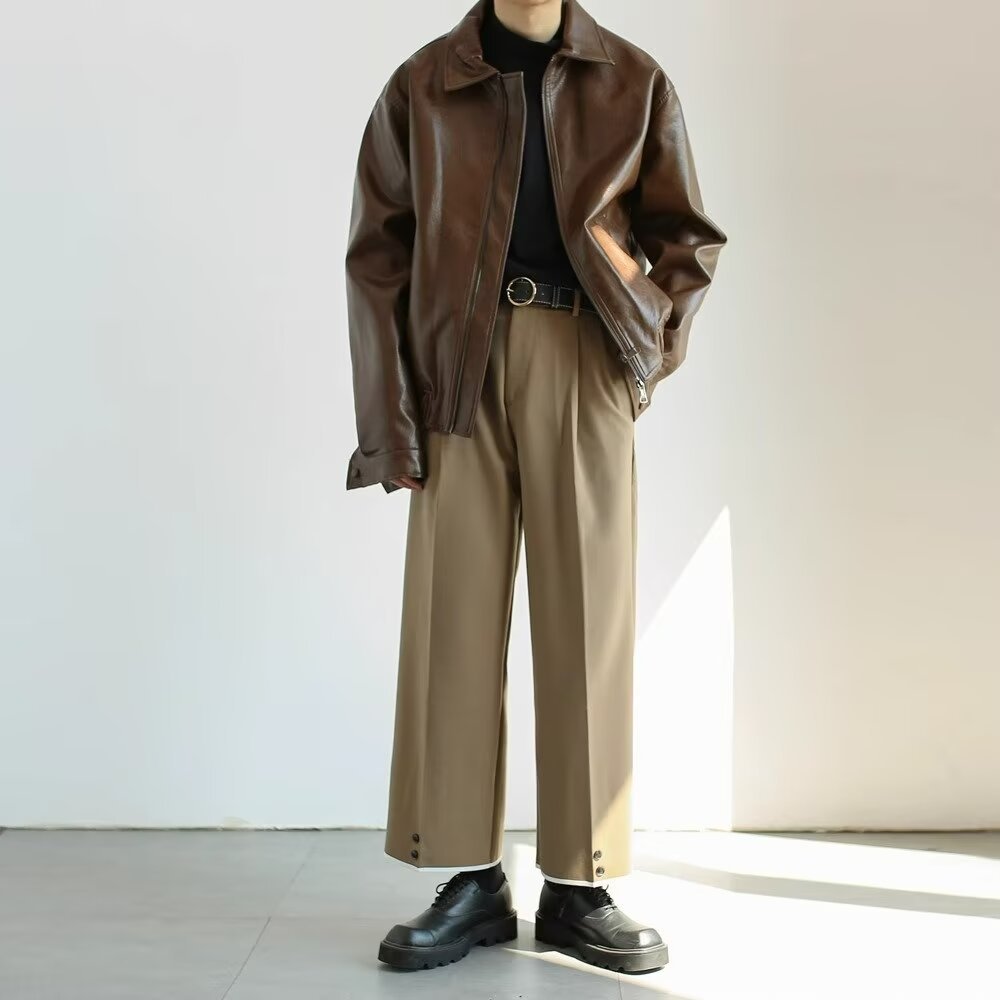 Men’s Leather Jacket – Oversized Cropped Fit – Zip Front – Street Style Casual