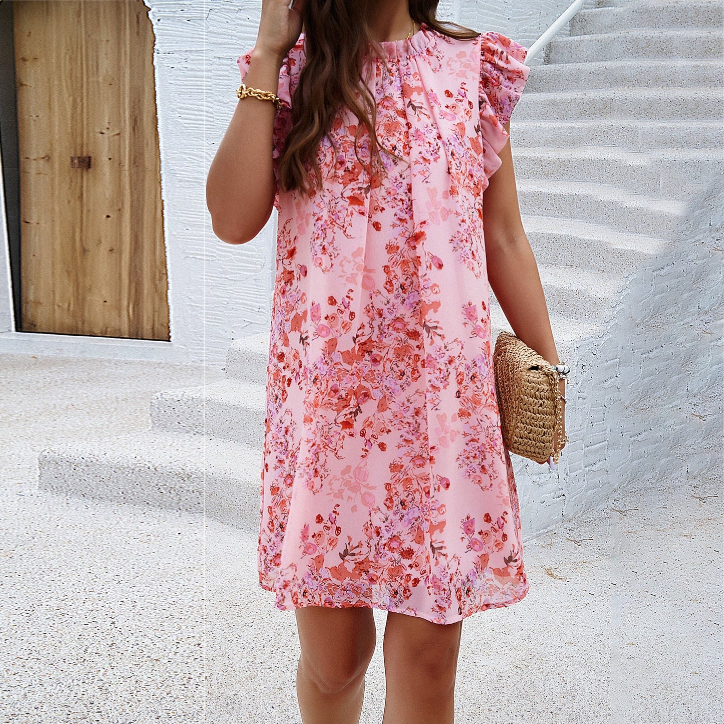 Women’s Sleeveless Dress – A-Line Fit – Mini Length – Ruffled Cap Sleeves – Lightweight Fabric
