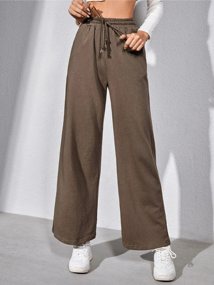 Women’s Wide-Leg Pants – Cotton Knit – Relaxed Fit – Elastic Drawstring Waist – Full Length