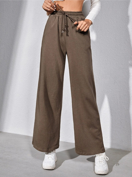 Women’s Wide-Leg Pants – Cotton Knit – Relaxed Fit – Elastic Drawstring Waist – Full Length