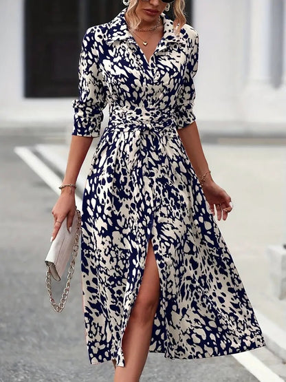 Women’s A-Line Dress – Button Down – Waist Tie – Midi Length – Breathable Blend