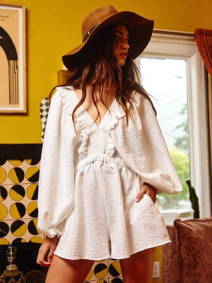 Women’s Romper – Soft Cotton Blend – V-Neck – Puff Sleeves – Ruffle Trim – Pockets