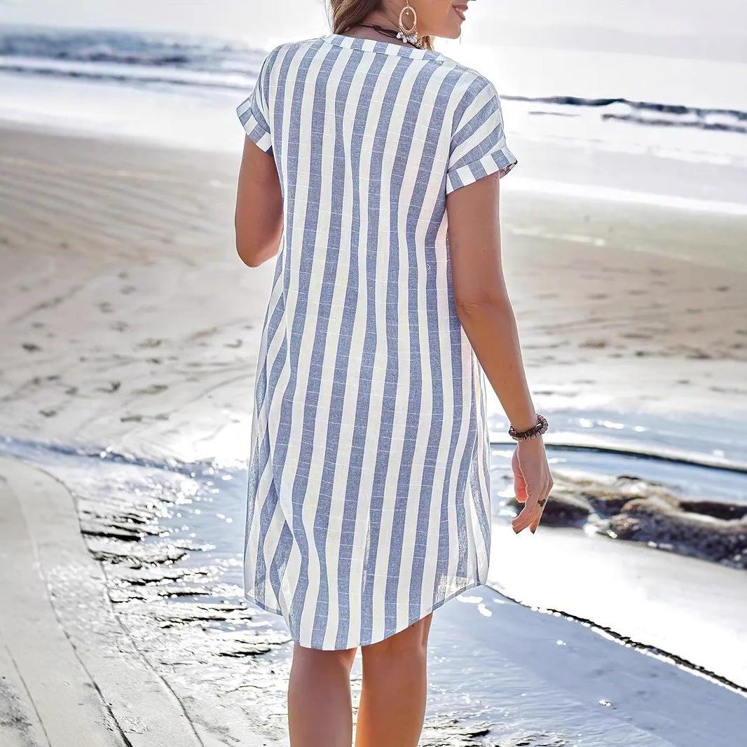 Women’s Shirt Dress – Relaxed Fit – V-Neck – Vertical Stripes – Button Front – Knee Length – Breathable Blend