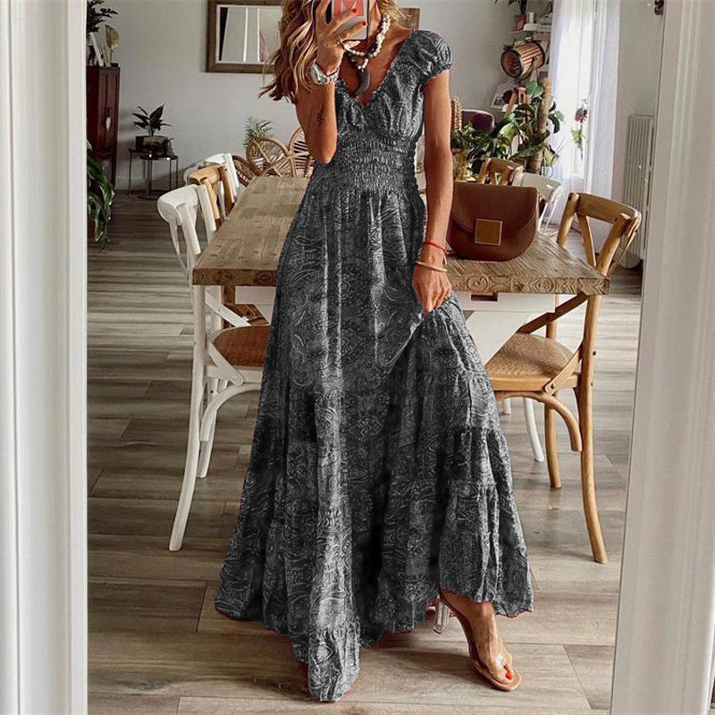 Women’s Maxi Dress – V-Neck – Smocked Bodice – Tiered Skirt – Cotton Blend – Relaxed Fit