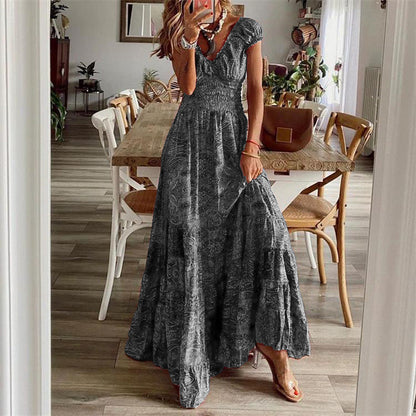 Women’s Maxi Dress – V-Neck – Smocked Bodice – Tiered Skirt – Cotton Blend – Relaxed Fit