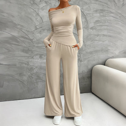 Women’s Matching Set – Slim Fit Long Sleeve Top – High Waist Wide Leg Trousers