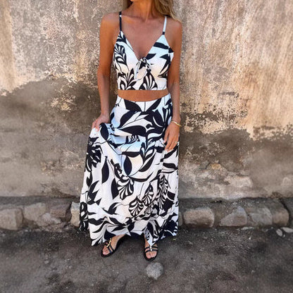 Women’s Two-Piece Set – Tie-Front Crop Top – High Waist Maxi Skirt – Breathable Blend
