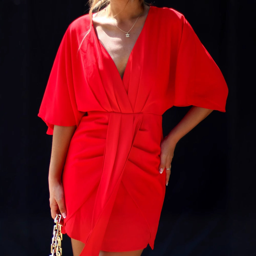 Women’s Skater Dress – V-Neck – Draped Waist – Soft Breathable Fabric – Mini Length