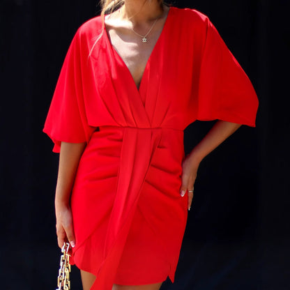 Women’s Skater Dress – V-Neck – Draped Waist – Soft Breathable Fabric – Mini Length