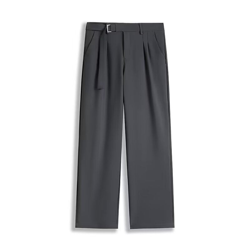 Unisex Straight-Leg Trousers – Ice Silk Blend – Relaxed Fit – Belted Waist – Full Length