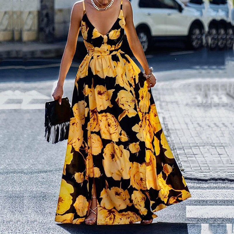 Women’s Maxi Dress – A-Line Fit – Spaghetti Straps – Plunging Neckline – Printed Design