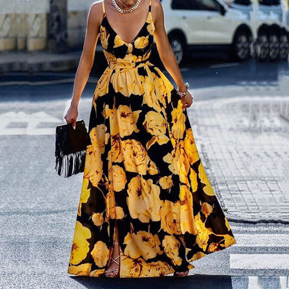 Women’s Maxi Dress – A-Line Fit – Spaghetti Straps – Plunging Neckline – Printed Design