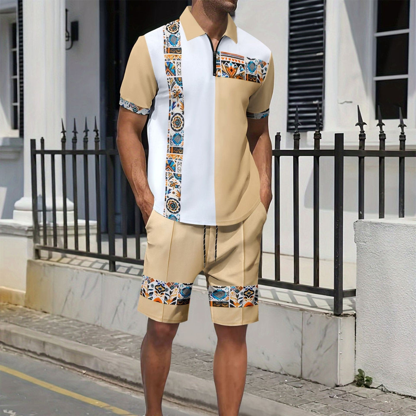 Men’s Shirt and Shorts Set – Regular Fit – Cotton – Zipper Neck – Geometric Trim