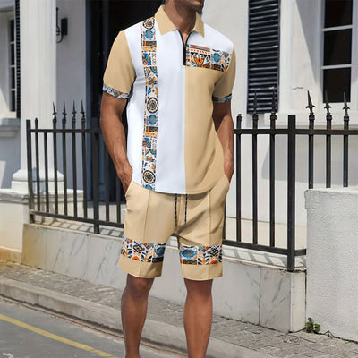 Men’s Shirt and Shorts Set – Regular Fit – Cotton – Zipper Neck – Geometric Trim