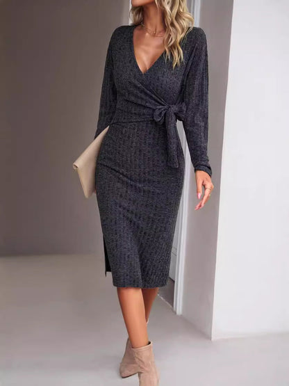 Women's Knit Midi Dress - Ribbed Bodycon Fit - Wrap V-Neck - Long Sleeve Tie Waist