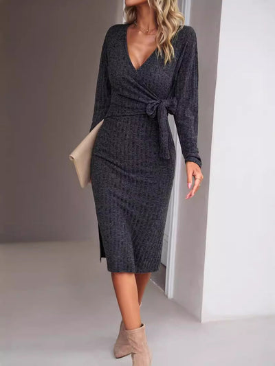 Women's Knit Midi Dress - Ribbed Bodycon Fit - Wrap V-Neck - Long Sleeve Tie Waist