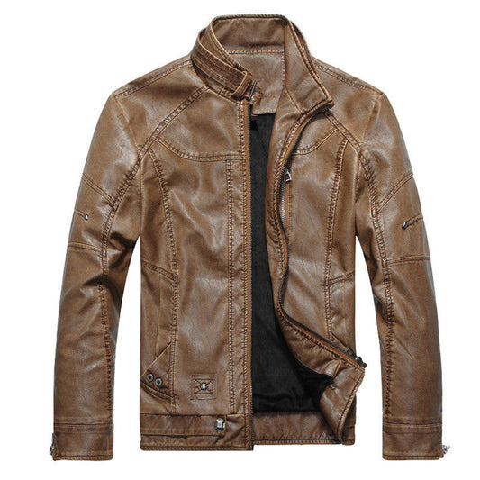 Men’s Biker Jacket – Slim Fit PU Leather – Zipper Front – Stand Collar – Lined Design