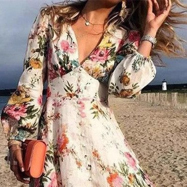 Women’s Maxi Dress – Flowing A-Line Fit – Deep V-Neck – Long Sleeve – Floral Print