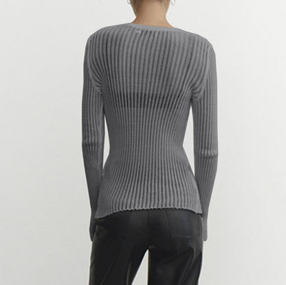 Women's transparent mesh long sleeve ribbed top