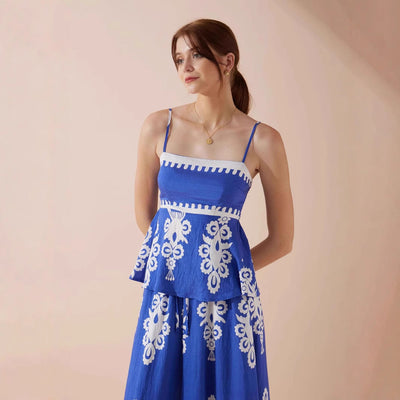 Women’s Top and Skirt Set – Peplum Fit – Ethnic Print – Lightweight Cotton – Midi Skirt