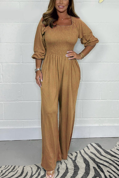 Women’s Jumpsuit – Smocked Bodice – Cotton Blend – Wide Leg – 3/4 Sleeve – Square Neck