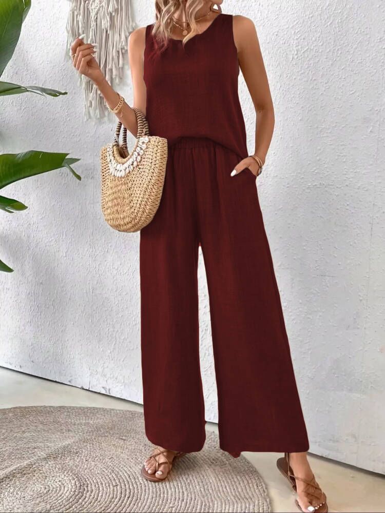 Women’s Summer Set – Sleeveless Crochet Top & Flowy Wide-Leg Pants – Casual Two-Piece Outfit