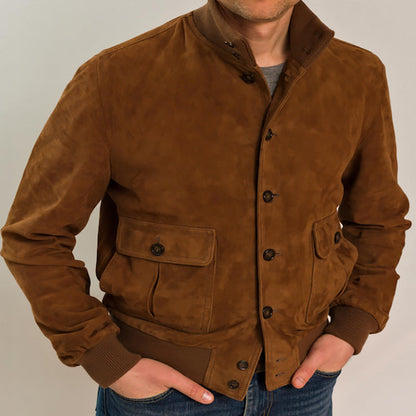Men’s Suede Jacket – Slim Fit – Stand Collar – Button Front – Flap Pockets