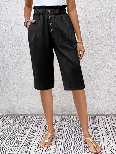 Women’s Linen Shorts – High Waist Paperbag – Relaxed Fit – Button Front – Knee Length