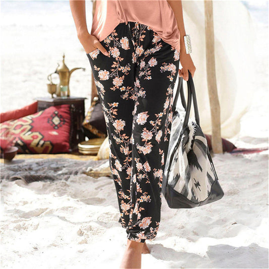 Women’s Full-Length Tapered Pants – Relaxed Fit – Soft Knit – Floral Print – Elastic Waist