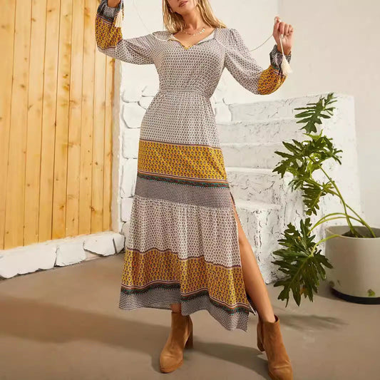 Women’s Long Dress – A-Line Silhouette – V-Neck – Puff Sleeve – Breathable Blend