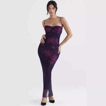 Women’s Long Dress – Satin Feel – Slim Fit – Spaghetti Straps – Floral Print – Open Back