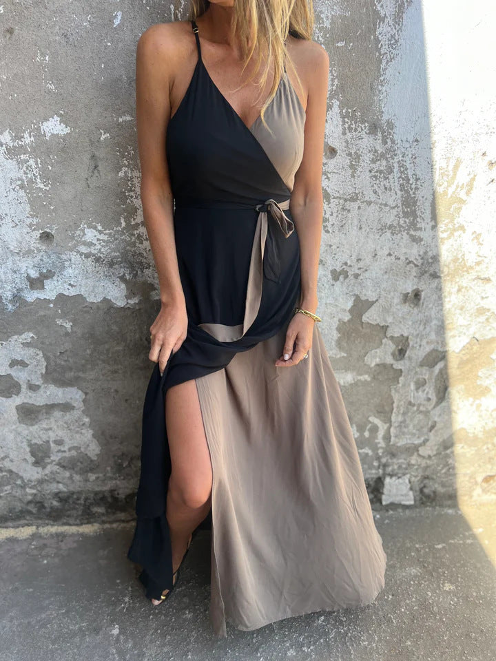 Women’s Maxi Dress – Halter Neck – Wrap Waist – Asymmetric Hem – Luxury Fabric