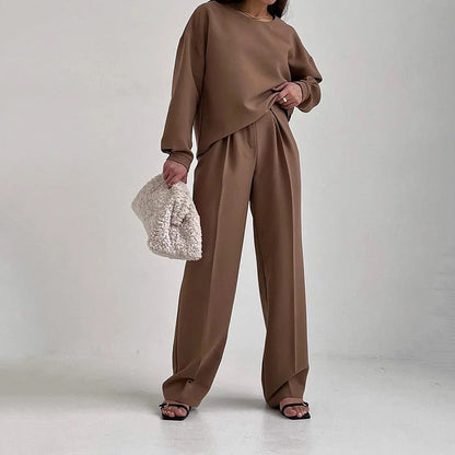 Women’s Two-Piece Set – Relaxed Fit – Long Sleeve Top – Wide-Leg Belted Trousers